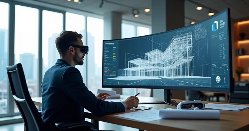 Arquiteto trabalhando em computador com modelo 3D de edifício gerado por inteligência artificial na tela