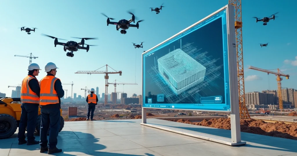 Canteiro de obras moderno com robôs autônomos, drones sobrevoando e técnicos analisando modelo BIM em tela digital