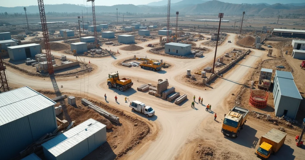 Visão aérea detalhada de um canteiro de obras organizado com área de vivência, equipamentos e movimentação de trabalhadores