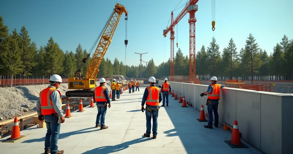 Canteiro de obras organizado com equipamentos de segurança, sinalização e trabalhadores usando EPIs