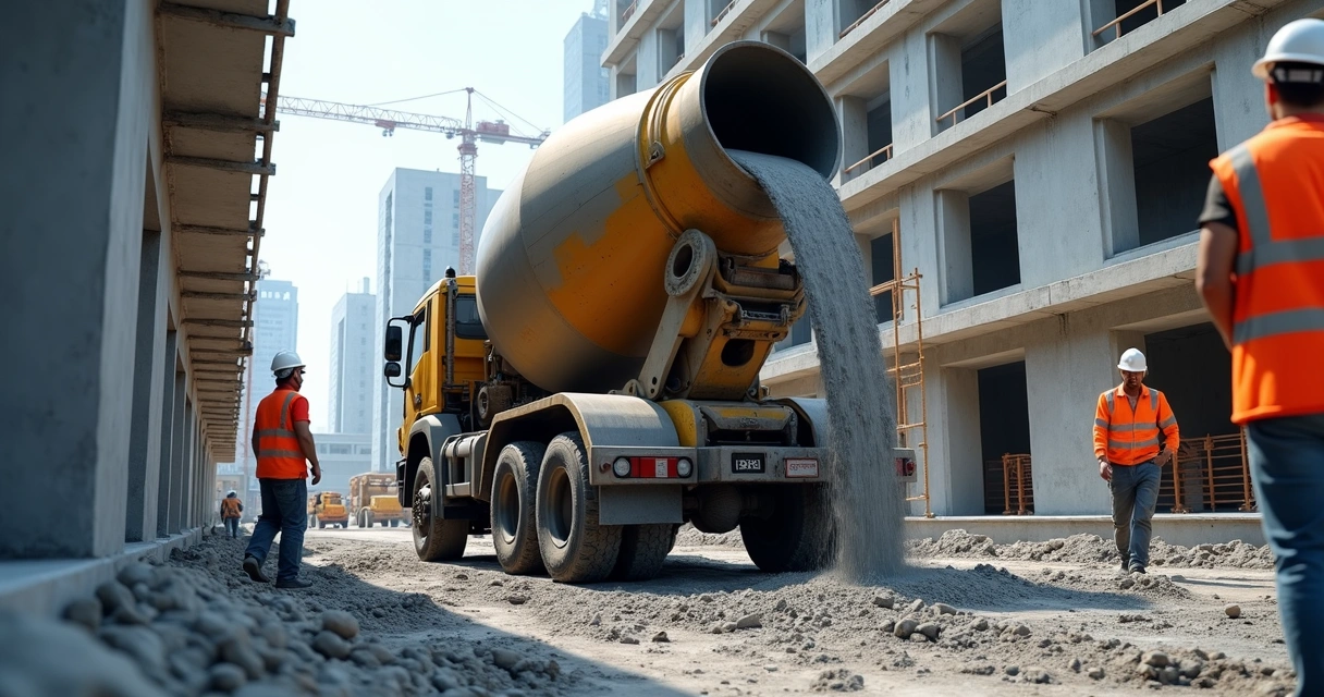 Caminhão betoneira descarregando concreto usinado em canteiro de obras com máquinas e equipe ao fundo