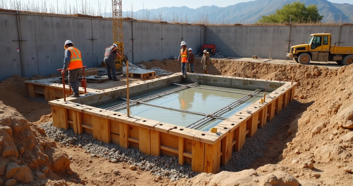 Viga baldrame sendo concretada em obra de construção civil com armaduras e forma de madeira