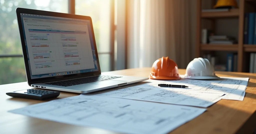 Mesa de trabalho com laptop exibindo cronograma físico-financeiro, plantas e calculadora ao lado