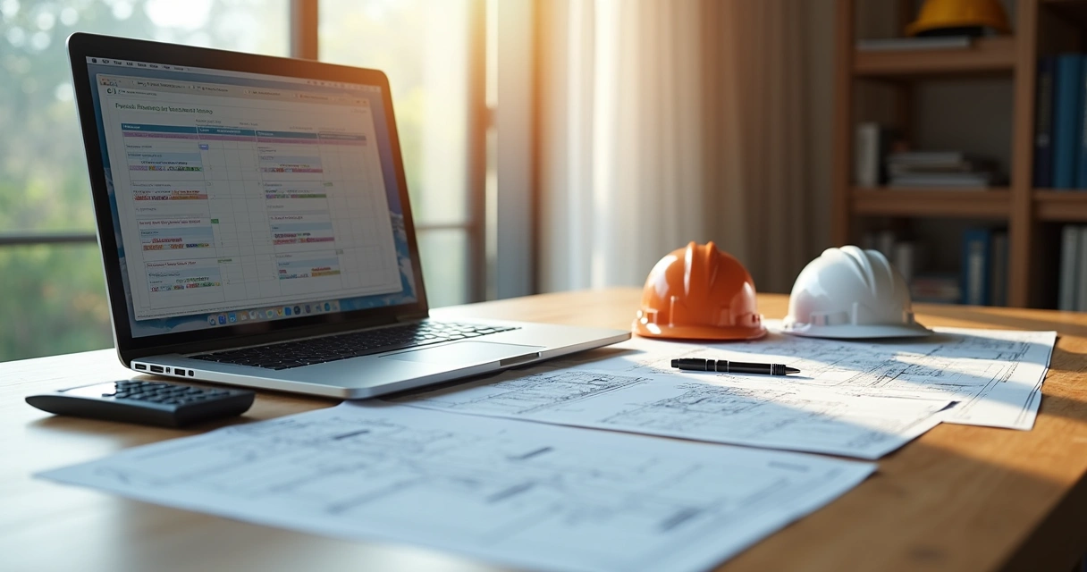 Mesa de trabalho com laptop exibindo cronograma físico-financeiro, plantas e calculadora ao lado