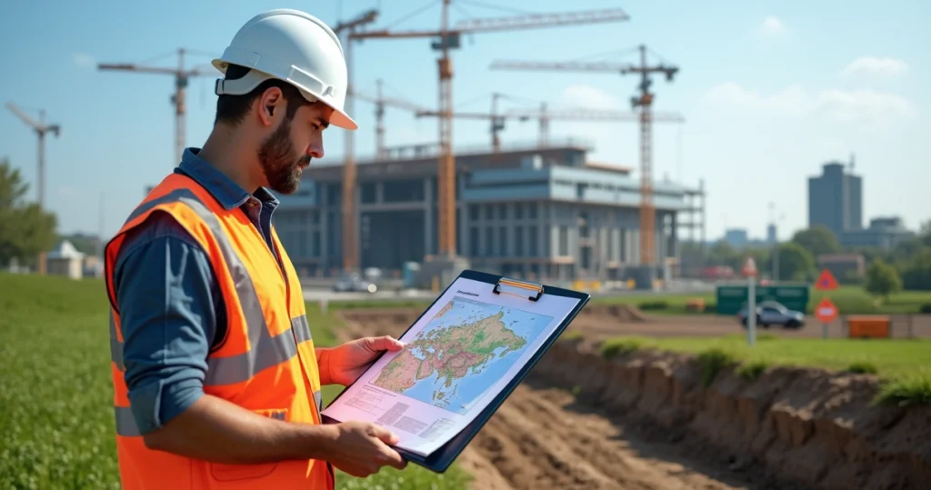 Engenheiro civil analisando mapa ambiental com canteiro de obras ao fundo