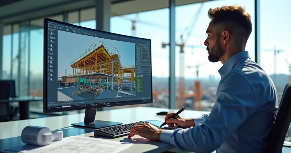 Engenheiro civil analisando modelo 3D detalhado em computador com software BIM para projeto as built