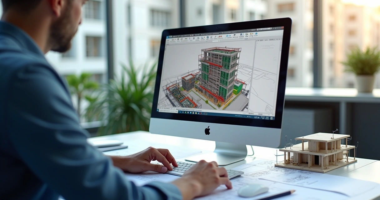 Engenheiro civil usando software CAD em computador para projetar construção detalhada