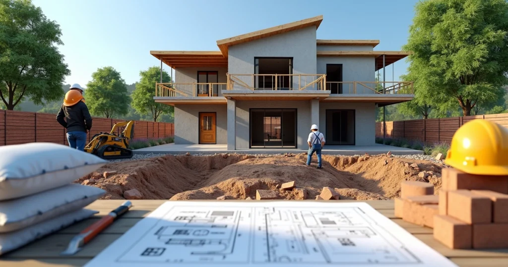 Etapas detalhadas da construção de uma casa com trabalhadores, plantas arquitetônicas e materiais no canteiro de obras