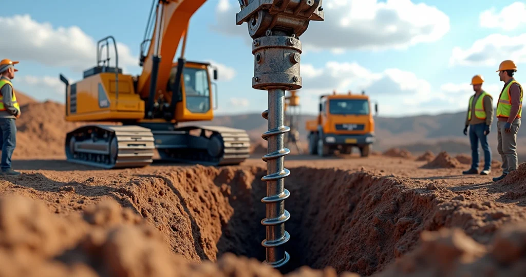 Máquina perfuradora executando estaca raiz em canteiro de obras com operador e estrutura de aço visível