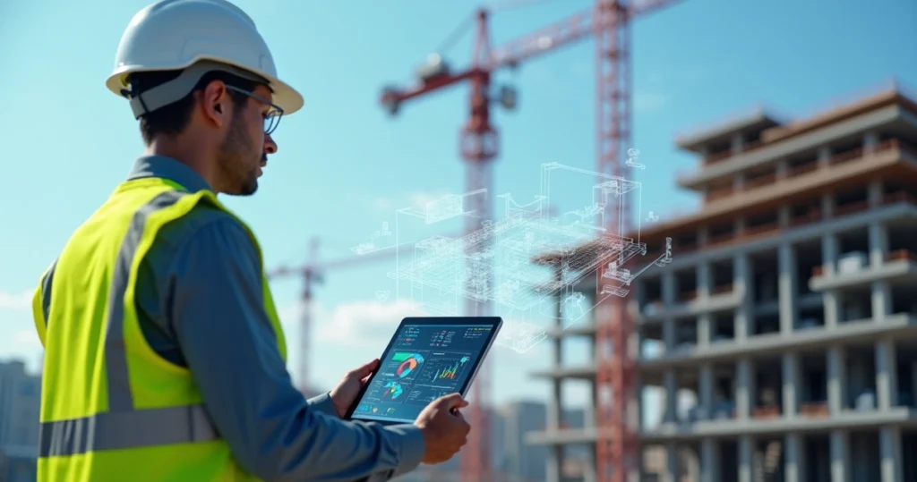 Engenheiro civil utilizando tablet com interface digital de inteligência artificial e modelos 3D BIM ao fundo