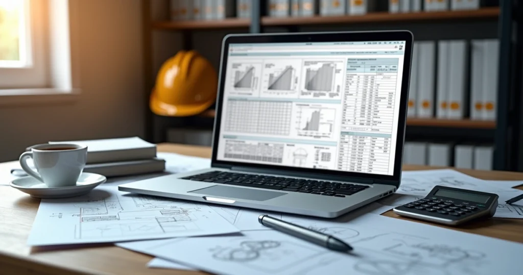 Mesa de escritório com laptop aberto mostrando laudo técnico digital, documentos e calculadora ao lado