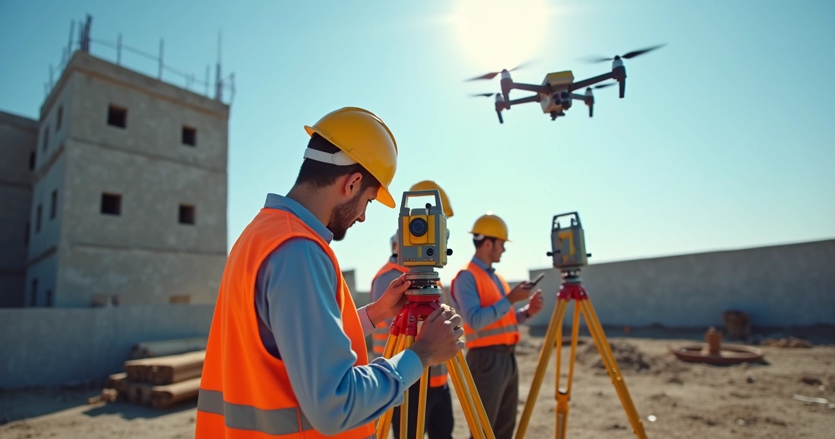 Equipe de topografia realizando levantamento com estação total em canteiro de obras aberto