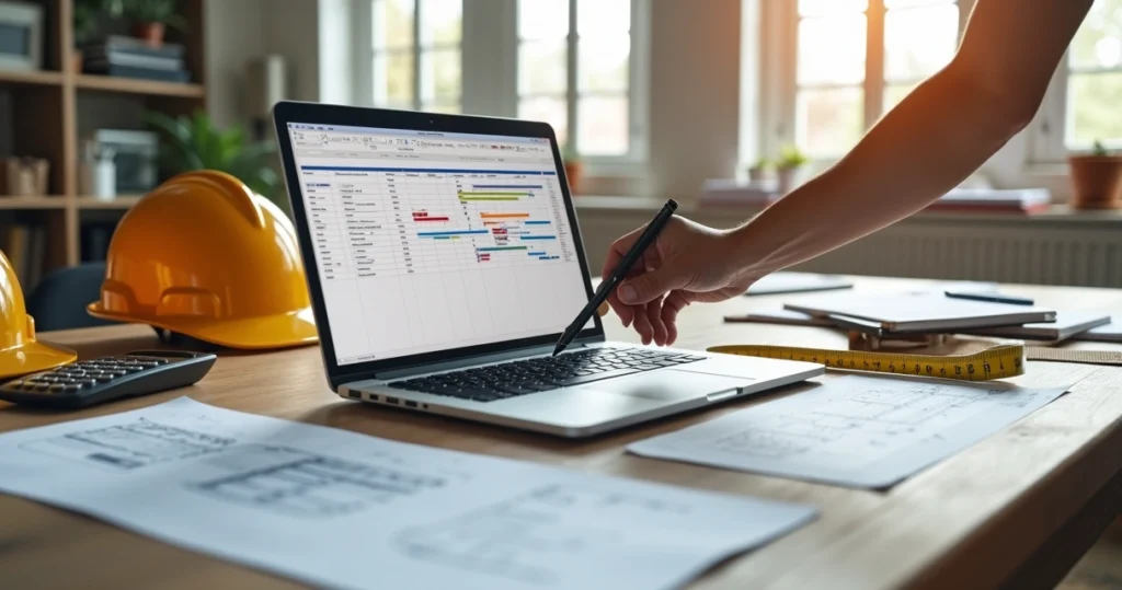 Plano detalhado de obra com cronograma físico-financeiro em uma mesa com laptop e plantas de construção