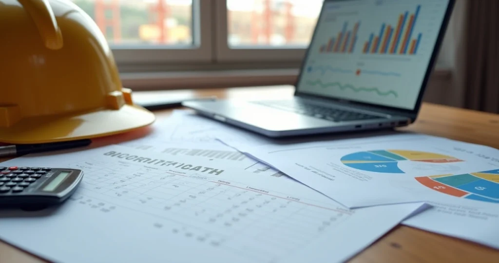 Mesa com documentos, planilhas e calculadora usados para planejamento de orçamento de obra