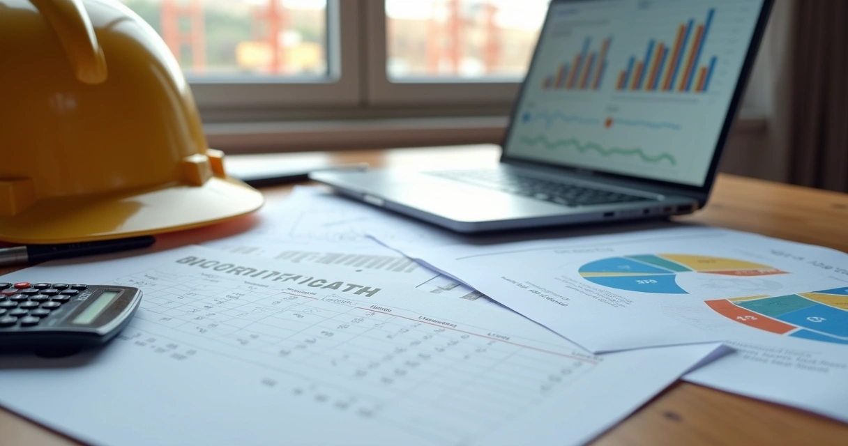 Mesa com documentos, planilhas e calculadora usados para planejamento de orçamento de obra