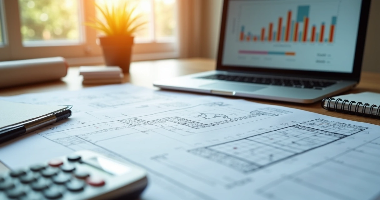 Planta de construção sobre mesa com calculadora, caderno e amostras de materiais de construção