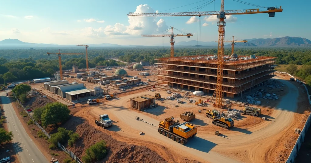 Vista aérea de canteiro de obras moderno com equipamentos, trabalhadores e estruturas em construção