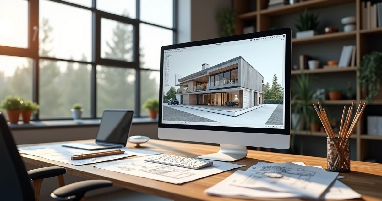 Computador com tela mostrando planta arquitetônica 3D detalhada em escritório moderno de arquitetura