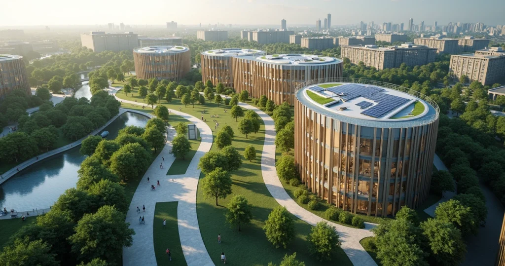 Vista aérea de um projeto arquitetônico moderno integrado ao planejamento urbano com áreas verdes e edifícios sustentáveis