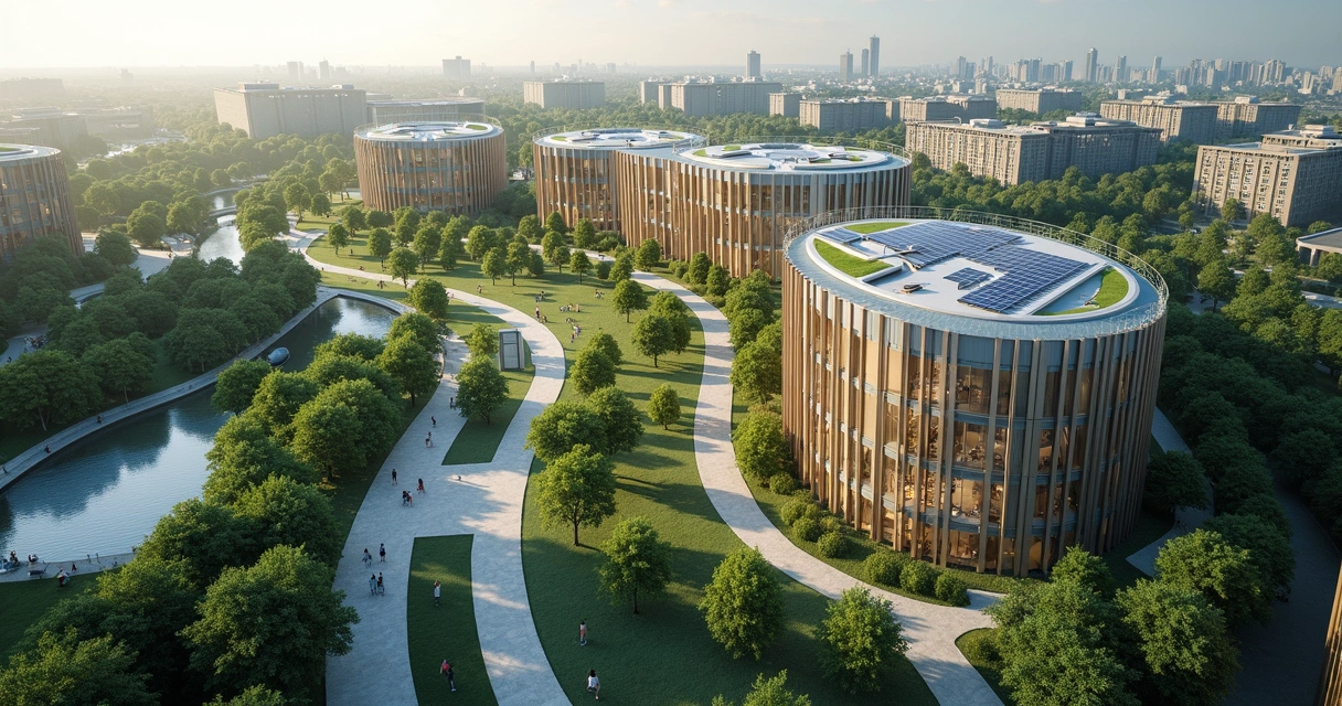 Vista aérea de um projeto arquitetônico moderno integrado ao planejamento urbano com áreas verdes e edifícios sustentáveis