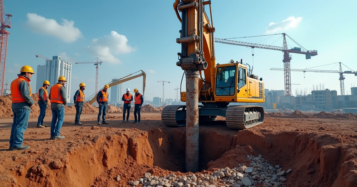 Máquina de sondagem de solo perfurando terreno com geotécnicos observando e equipamentos de segurança no canteiro de obras