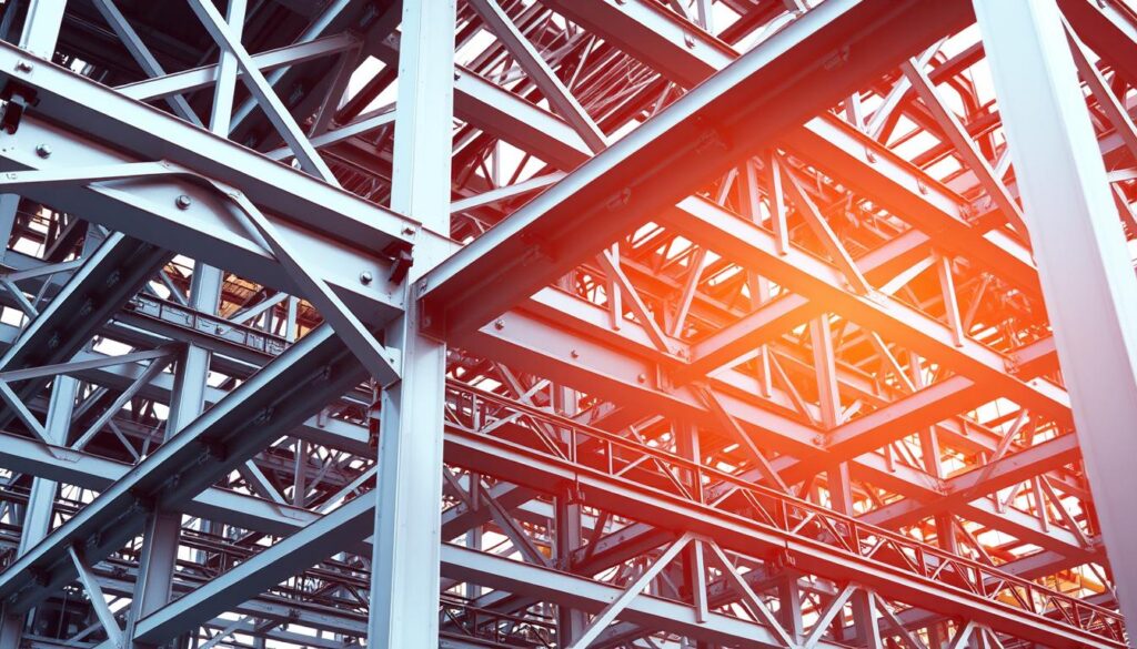 3D architectural rendering of a detailed metal structure engineering project, with a focus on the design process from calculation to detailed drafting. Showcases a complex lattice-like framework of intersecting metal beams, girders, and supports, cast in cool, industrial lighting. Depicts the intricate engineering and technical precision required for this type of structural design, with a sense of technical sophistication and professional expertise. Angles and perspectives accentuate the geometric forms and precise engineering of the metalwork. Conveys the importance of thorough planning and execution in metal structure projects through the level of detail and technical mastery portrayed.