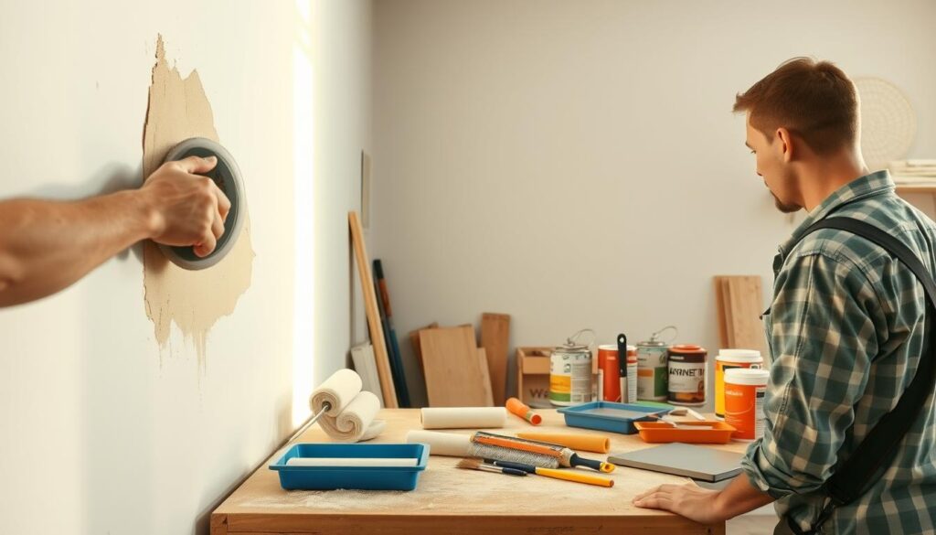 A bright, well-lit workshop interior with a worker preparing a wall for painting. In the foreground, a person sands a wall with a hand sander, carefully removing old paint and smoothing the surface. In the middle ground, various painting tools and materials are neatly organized on a workbench - rollers, brushes, trays, and paint cans. The background showcases the carefully prepped wall, ready for the next step of the painting process. Soft, warm lighting casts a natural glow, and the scene exudes a sense of focus and professionalism, perfectly capturing the essence of wall preparation for a painting project. A bright, well-lit workshop interior with a worker preparing a wall for painting. In the foreground, a person sands a wall with a hand sander, carefully removing old paint and smoothing the surface. In the middle ground, various painting tools and materials are neatly organized on a workbench - rollers, brushes, trays, and paint cans. The background showcases the carefully prepped wall, ready for the next step of the painting process. Soft, warm lighting casts a natural glow, and the scene exudes a sense of focus and professionalism, perfectly capturing the essence of wall preparation for a painting project.
