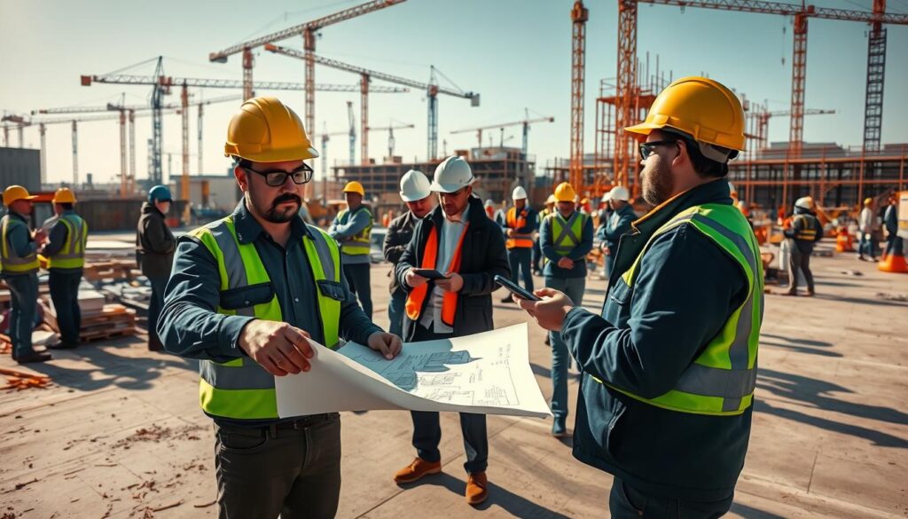 A bustling construction site with workers and subcontractors engaged in various tasks. In the foreground, two construction managers in hard hats are discussing plans, gesturing towards a blueprint. In the middle ground, subcontractors coordinate logistics, sharing information on mobile devices. In the background, cranes and scaffolding stand tall, casting long shadows across the scene. The atmosphere is one of collaboration and communication, with stakeholders working together to ensure the smooth progress of the project. The lighting is a mix of warm sunlight and cool shadows, creating depth and texture. The camera angle is slightly elevated, providing a panoramic view of the dynamic workplace.