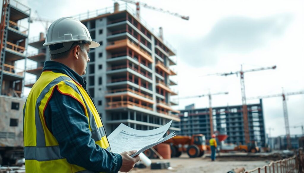 A civil engineer in a hard hat and reflective vest, standing on a construction site, observing the progress of a large-scale building project. The foreground shows the engineer inspecting blueprints, while in the middle ground, construction workers are diligently at work, operating heavy machinery and laying bricks. The background features a partially completed multi-story structure, surrounded by scaffolding and cranes against a bright, overcast sky. The scene conveys a sense of determination, expertise, and the vital role the civil engineer plays in overseeing the entire construction process.