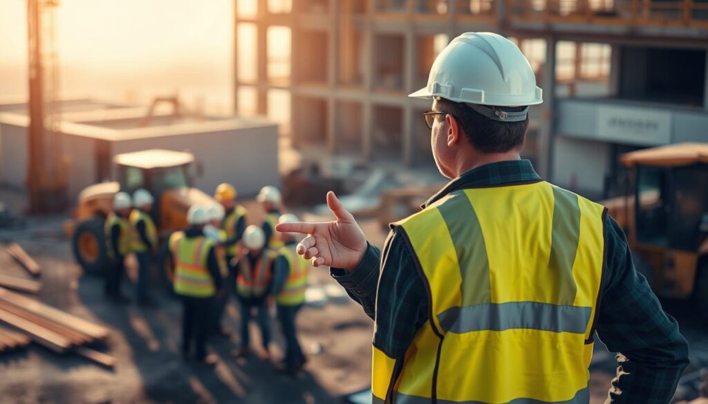 A construction manager wearing a hard hat and reflective safety vest, standing on a construction site overlooking the progress of a new building project. The manager is gesturing and giving instructions to a group of workers in the middle ground, as heavy machinery operates in the background. The scene is illuminated by warm, directional lighting, casting strong shadows and highlighting the rugged, industrial environment. The overall tone conveys a sense of authority, responsibility, and active project management.