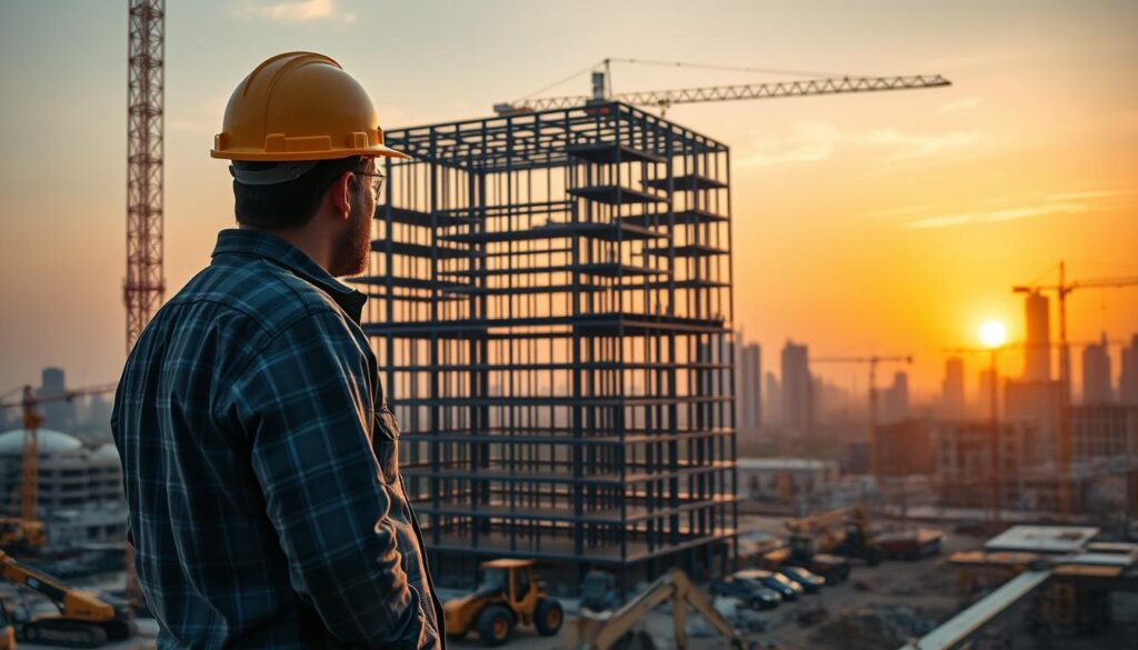 A construction site at dusk, with a hardhat-wearing construction manager overseeing the progress. In the foreground, workers are diligently operating heavy machinery like cranes and excavators. The midground features a partially completed building structure, its skeletal frame rising against a warm, golden-hued sky. In the background, a cityscape of towering skyscrapers and crane-dotted horizons. Soft, directional lighting casts long shadows, conveying a sense of industrious activity and leadership. The manager's pose exudes confidence and authority as they survey the scene, ensuring the project's efficient execution.