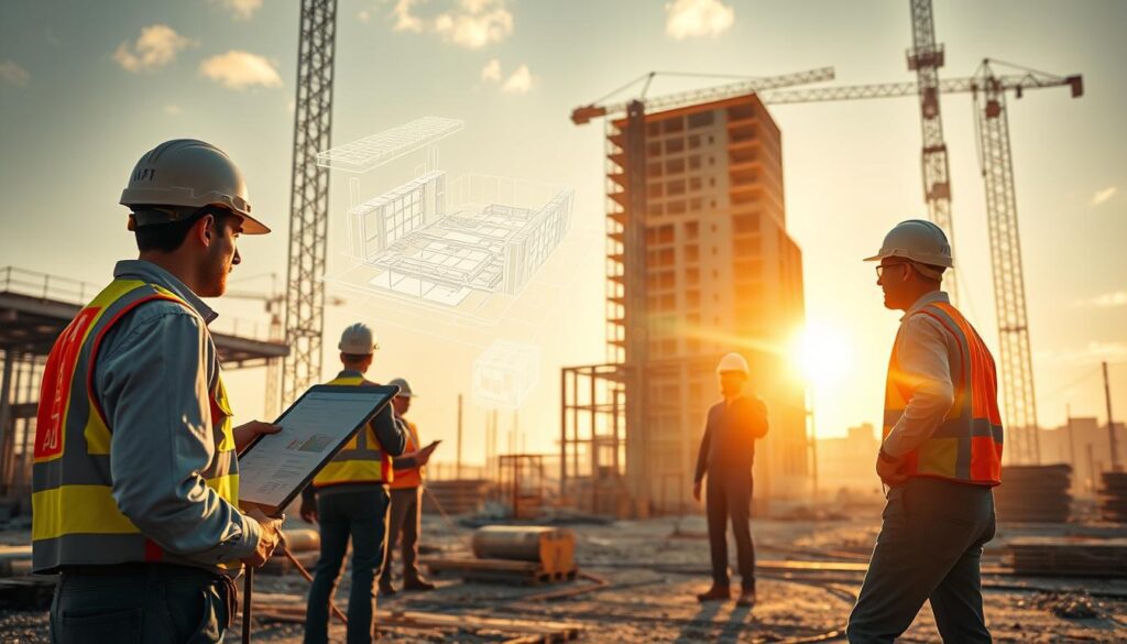 A construction site bathed in warm, diffused sunlight. In the foreground, a team of construction workers using AI-powered tools to precisely measure, plan, and coordinate the flow of materials and labor. In the middle ground, 3D renderings and digital models hover above the site, guiding the construction process. In the background, a gleaming new building takes shape, its efficient design optimized by AI algorithms that analyzed site conditions, materials, and energy usage. The scene conveys a sense of seamless collaboration between humans and intelligent machines, leading to a more sustainable, cost-effective, and timely construction project.
