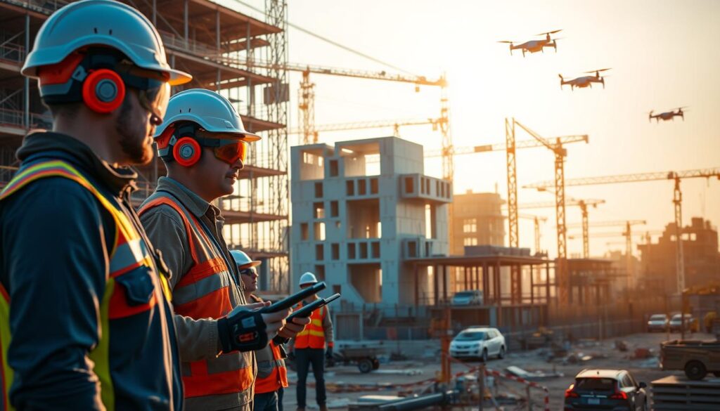 A construction site bathed in warm, golden afternoon light. In the foreground, a team of workers use AI-powered tools and devices - robotic assistants, augmented reality glasses, and smart sensors - to monitor progress, analyze data, and make real-time adjustments. In the middle ground, a 3D-printed structure takes shape, its complex geometry made possible by AI-driven design and optimization algorithms. In the background, autonomous vehicles and drones zip around, surveying the site and delivering materials. The overall scene conveys a sense of efficiency, precision, and technological innovation transforming the world of construction.
