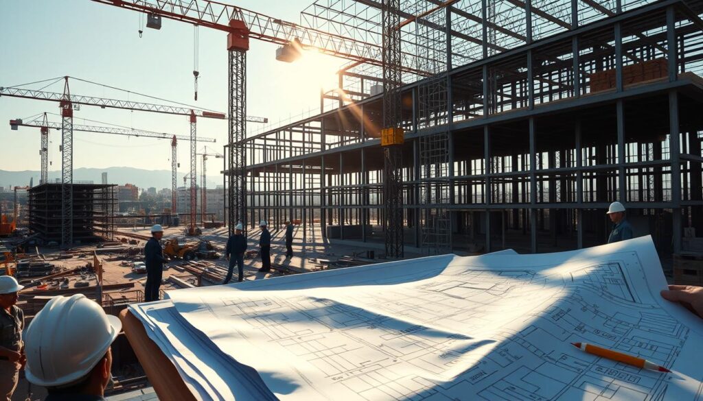 A construction site bustling with activity, a detailed blueprint laid out on a drafting table. Hardhatted workers meticulously coordinating their tasks, cranes and machinery operating in harmony. Sunlight filters through the framework, casting long shadows that accentuate the geometric lines of the structure. The scene exudes a sense of organized chaos, where planning and execution intertwine to bring the architectural vision to life. Precise engineering calculations, stress analyses, and material specifications inform every step of the construction process. This image captures the essence of "Planejamento e Execução na Construção" - the delicate balance between meticulous planning and seamless on-site implementation that is crucial to the success of any major building project.