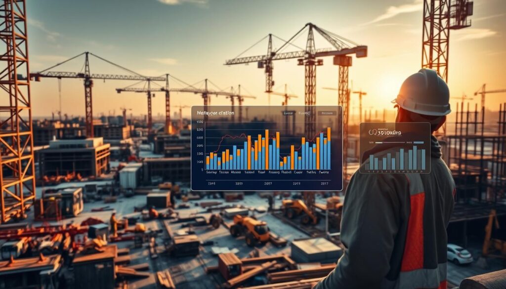 A construction site bustling with activity, workers and machinery seamlessly coordinating their efforts. In the foreground, a worker oversees the efficient use of resources, ensuring every material and tool is utilized to its fullest potential. In the middle ground, a digital dashboard displays real-time data on project progress, enabling proactive decision-making to prevent delays. The background is a panoramic view of the site, with cranes and scaffolding casting long shadows under the warm, golden light of the afternoon sun, conveying a sense of productive momentum and organizational control. The overall scene radiates an atmosphere of optimization, diligence, and the successful management of a complex construction project.