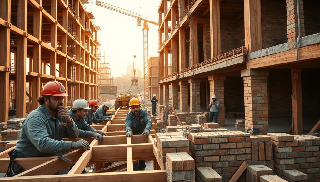 A construction site bustling with skilled workers, their hardened hands adeptly wielding tools as they construct a sturdy, multi-story building. The foreground features a team of carpenters precisely fitting wooden beams, their focused expressions and efficient movements conveying expertise. In the middle ground, masons carefully lay bricks, building the structure's walls with meticulous attention to detail. The background showcases a crane swinging loads, electricians pulling cables, and a project manager overseeing the seamless coordination of the entire operation. The scene is illuminated by warm, golden sunlight, lending an atmosphere of productivity and pride in the craftsmanship. The overall image conveys the importance of a skilled, well-managed workforce in delivering a high-quality construction project.
