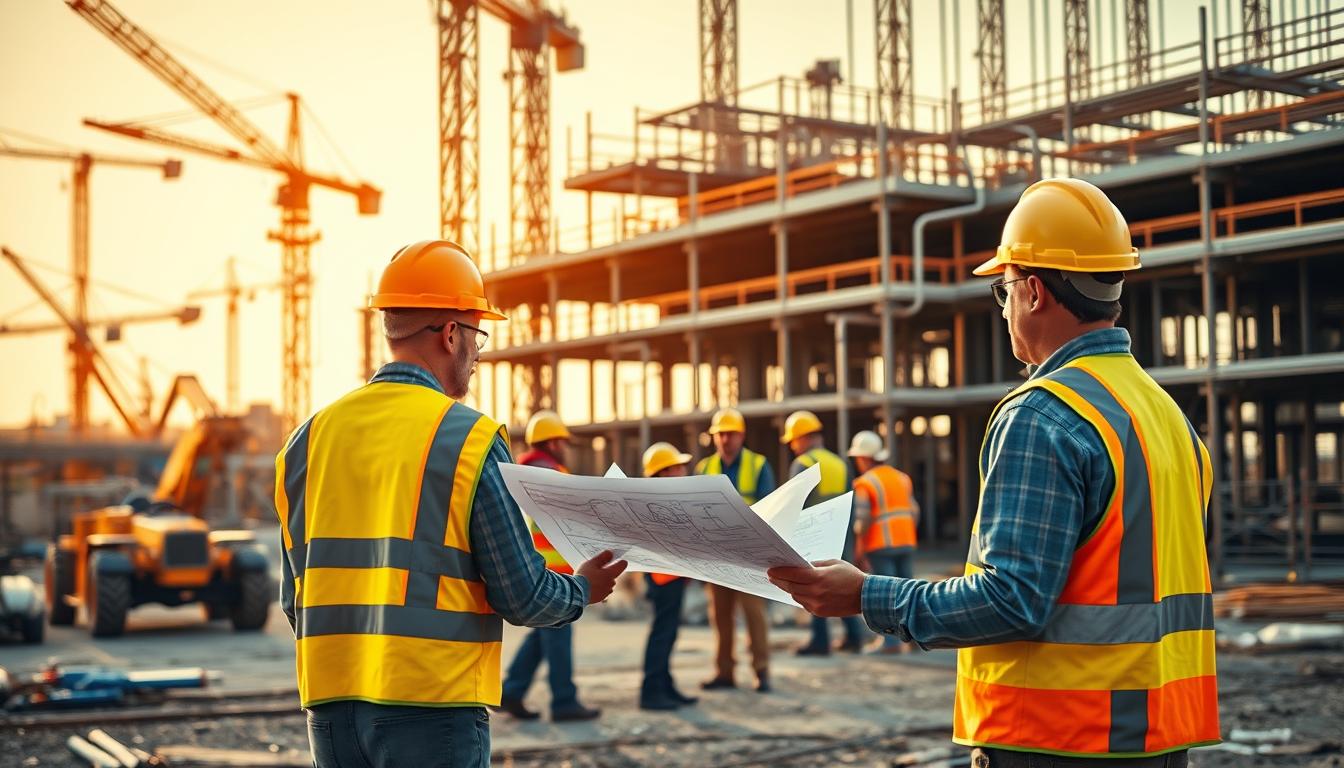 A construction site bustling with workers, heavy machinery, and scaffolding. In the foreground, a construction manager in a safety vest reviews blueprints, assessing potential hazards. The middle ground features workers wearing hard hats and high-visibility gear, executing safety protocols. In the background, cranes and partially completed structures loom, highlighting the need for comprehensive risk management. Warm, natural lighting illuminates the scene, conveying a sense of diligence and responsibility. The atmosphere is one of proactive planning and vigilance, reflecting the importance of safety in the construction industry.