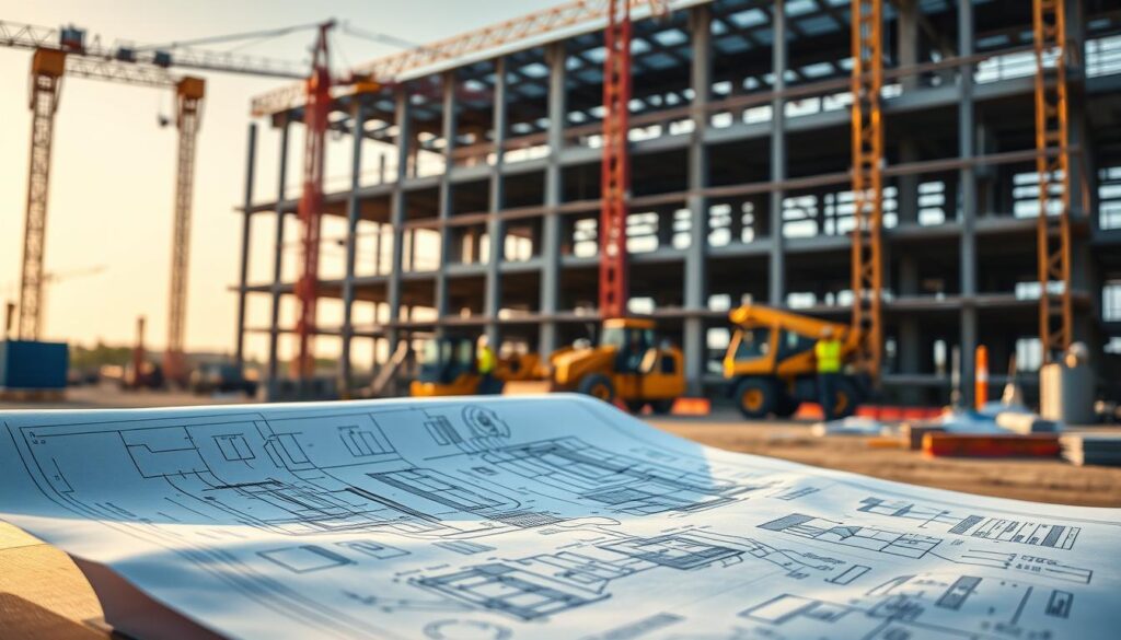 A construction site with a detailed blueprint plan displayed prominently in the foreground, with construction workers and heavy machinery operating in the middle ground. The background features a partially constructed building structure, with cranes and scaffolding visible. The lighting is warm and natural, conveying a sense of progress and efficiency. The overall atmosphere suggests a well-planned, organized, and methodical approach to the construction project.