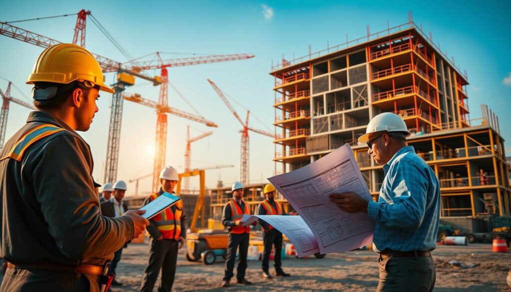 A construction site with workers in the foreground, cranes and scaffolding in the middle ground, and a partially completed building in the background. The scene conveys the impact of project management challenges, with workers discussing plans and examining blueprints, highlighting the effects on costs, timelines, and productivity. Warm lighting casts shadows, creating a sense of urgency and collaboration. The image should effectively capture the essence of the section title "Impactos nos custos, prazos e produtividade".