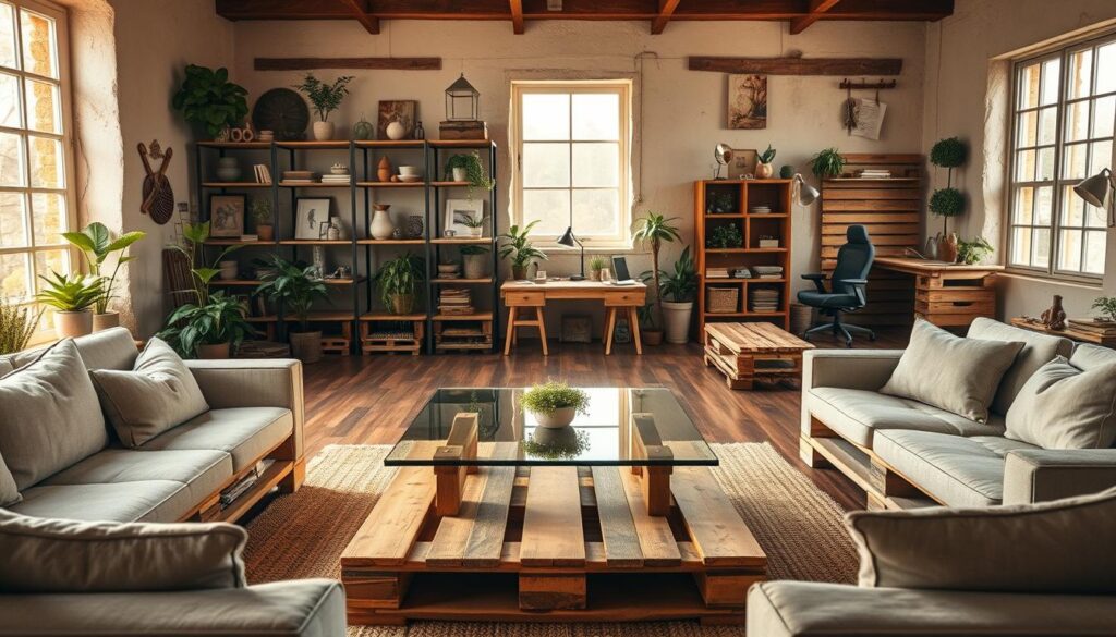 A cozy and inviting creative furniture design studio filled with meticulously crafted pallet furniture pieces. In the foreground, a modern pallet coffee table with sleek glass top, surrounded by plush linen-upholstered pallet sofas. The middle ground features a rustic pallet bookshelf displaying an array of decorative accents and potted plants. Warm natural lighting filters in through large windows, casting a soft glow on the textured wood surfaces. The background showcases an open-concept workspace with a pallet desk and ergonomic chair, ideal for DIY projects and design inspiration. The overall atmosphere evokes a sense of artisanal craftsmanship and eco-conscious living. A cozy and inviting creative furniture design studio filled with meticulously crafted pallet furniture pieces. In the foreground, a modern pallet coffee table with sleek glass top, surrounded by plush linen-upholstered pallet sofas. The middle ground features a rustic pallet bookshelf displaying an array of decorative accents and potted plants. Warm natural lighting filters in through large windows, casting a soft glow on the textured wood surfaces. The background showcases an open-concept workspace with a pallet desk and ergonomic chair, ideal for DIY projects and design inspiration. The overall atmosphere evokes a sense of artisanal craftsmanship and eco-conscious living.