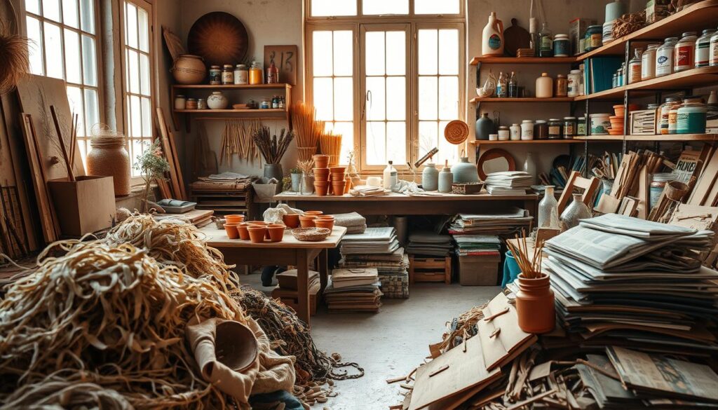 A cozy workshop filled with an array of affordable, eco-friendly materials. In the foreground, piles of natural fibers, recycled fabrics, and upcycled wood scraps await creative transformation. The middle ground showcases a workbench adorned with terra-cotta pots, stacks of newspaper, and jars brimming with natural pigments. Warm, natural lighting filters through large windows, casting a soft, inviting glow over the scene. The background features shelves stocked with sustainable paints, organic glues, and repurposed tools, reflecting a commitment to low-impact, budget-friendly solutions for small DIY projects.
