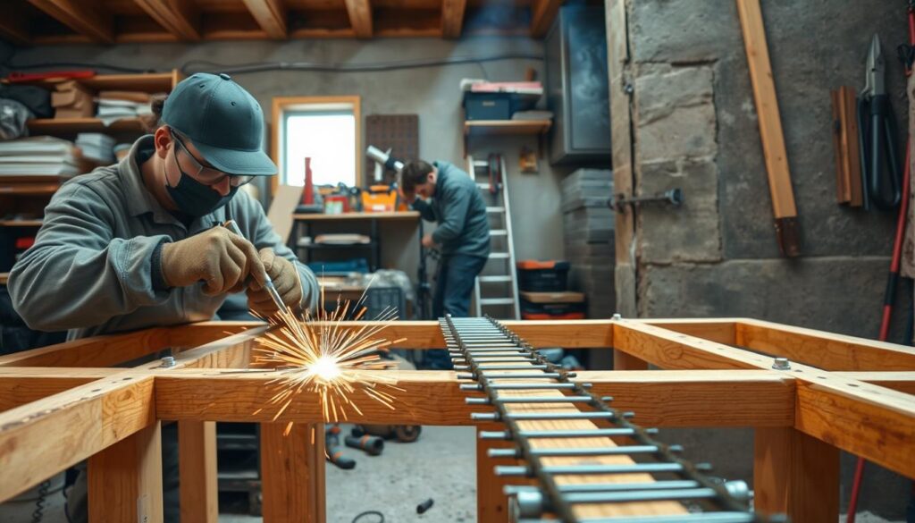 A detailed DIY home reinforcement scene, showcasing various techniques. In the foreground, a worker carefully welding steel reinforcement bars onto a wooden frame. In the middle ground, a person installing anchor bolts into concrete walls. In the background, shelves stocked with construction tools and materials. The scene is well-lit with warm, natural lighting, captured from an eye-level angle to convey a hands-on, instructional tone. The atmosphere is one of focused DIY determination, with an emphasis on the practical steps involved in strengthening simple home structures without professional assistance. A detailed DIY home reinforcement scene, showcasing various techniques. In the foreground, a worker carefully welding steel reinforcement bars onto a wooden frame. In the middle ground, a person installing anchor bolts into concrete walls. In the background, shelves stocked with construction tools and materials. The scene is well-lit with warm, natural lighting, captured from an eye-level angle to convey a hands-on, instructional tone. The atmosphere is one of focused DIY determination, with an emphasis on the practical steps involved in strengthening simple home structures without professional assistance.