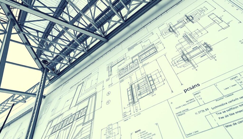 A detailed architectural blueprint of a steel structure, featuring intricate technical diagrams and engineering schematics. The image showcases the comprehensive structural design, including cross-sections, load calculations, and material specifications. The blueprint is rendered in a technical, engineering-focused style, with clean lines, precise measurements, and a neutral color palette of grays and blues. The overall mood is one of thoughtful planning, careful analysis, and attention to structural integrity. The perspective provides a clear, comprehensive view of the project, allowing the viewer to fully understand the complexity of the structural design.