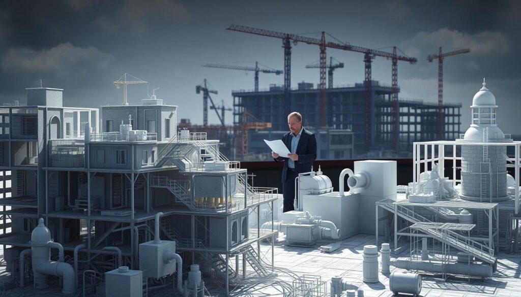 A detailed architectural scene depicting the challenges in project compatibility. In the foreground, intricate CAD models of different building systems - electrical, plumbing, HVAC - overlap and clash, creating a tangled web of incompatible designs. In the middle ground, frustrated engineers and architects scrutinize digital plans, searching for solutions. The background shows a looming construction site, cranes and scaffolding hinting at the real-world complexities of integrating diverse project elements. Dramatic side lighting casts long shadows, emphasizing the tensions and difficulties of the compatibility process. An atmosphere of problem-solving and careful coordination pervades the scene, reflecting the core themes of the article section.