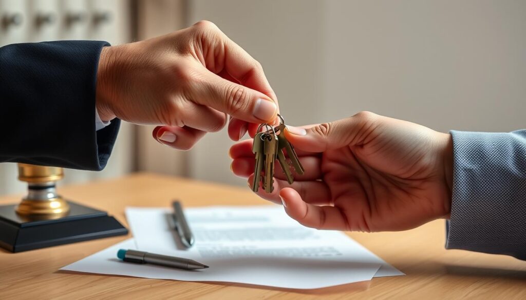 A detailed close-up of a person's hands carefully handing over a set of house keys to another person. The background is a minimalist office setting, with a contract or legal document visible on a desk. Soft, warm lighting creates a professional and authoritative atmosphere, emphasizing the legal significance of the key handover. The composition highlights the precise, measured movements of the transaction, conveying a sense of contractual obligations and responsibilities being fulfilled. The overall scene radiates a tone of trust, security, and the successful conclusion of a real estate transaction.