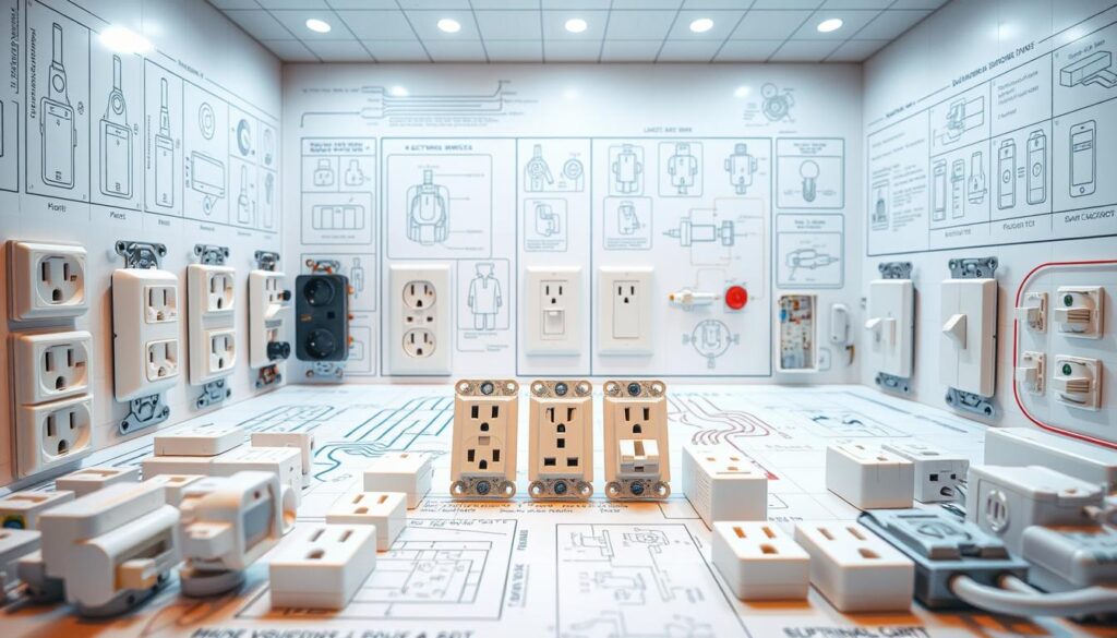 A detailed technical diagram showcasing various types of electrical outlets and switches for home installation. The foreground depicts a selection of sockets, plugs, and toggle switches in a neat, organized layout. The middle ground includes technical schematics and wire diagrams to illustrate the wiring and installation process. The background features a clean, minimalist environment with subtle grid patterns and technical references, creating a professional, instructional atmosphere. The lighting is clear and evenly distributed, emphasizing the precision and functionality of the electrical components. The perspective is slightly elevated to provide a comprehensive overview, captured with a wide-angle lens for maximum detail and context.