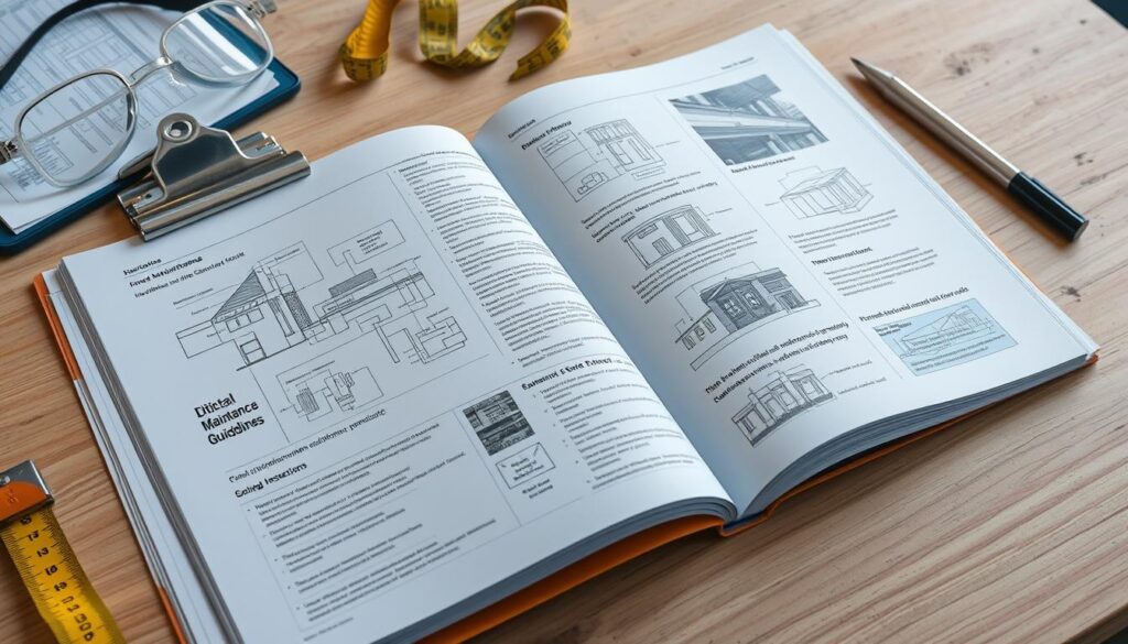 A detailed technical manual open on a workbench, showcasing building maintenance guidelines and best practices. The pages display architectural diagrams, schematics, and step-by-step instructions for various repair and upkeep procedures. Tools and equipment such as a clipboard, measuring tape, and safety goggles are neatly arranged, highlighting the importance of proper maintenance for ensuring the structural integrity, safety, and quality of buildings. The scene is well-lit, with a clean, professional atmosphere conveying the expertise and attention to detail required for effective edifice maintenance.