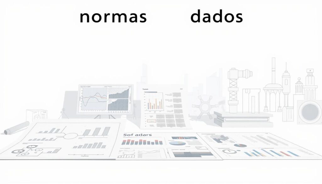 A highly detailed technical illustration depicting "normas e dados" (standards and data) for an engineering report. A clean, minimalist composition with a professional, authoritative tone. Set against a soft, neutral background, the foreground features a series of engineering diagrams, charts, and technical schematics rendered in a precise, technical style using clean linework and muted colors. The middle ground showcases neatly organized data sets, spreadsheets, and technical documentation. The background subtly suggests the broader context of an engineering office or workspace, with hints of machinery, tools, and architectural elements. Sophisticated studio lighting casts dramatic shadows, emphasizing the technical, analytical nature of the subject matter. An overall sense of order, structure, and attention to detail permeates the scene, reflecting the importance of standards and data in effective engineering reporting. A highly detailed technical illustration depicting "normas e dados" (standards and data) for an engineering report. A clean, minimalist composition with a professional, authoritative tone. Set against a soft, neutral background, the foreground features a series of engineering diagrams, charts, and technical schematics rendered in a precise, technical style using clean linework and muted colors. The middle ground showcases neatly organized data sets, spreadsheets, and technical documentation. The background subtly suggests the broader context of an engineering office or workspace, with hints of machinery, tools, and architectural elements. Sophisticated studio lighting casts dramatic shadows, emphasizing the technical, analytical nature of the subject matter. An overall sense of order, structure, and attention to detail permeates the scene, reflecting the importance of standards and data in effective engineering reporting.