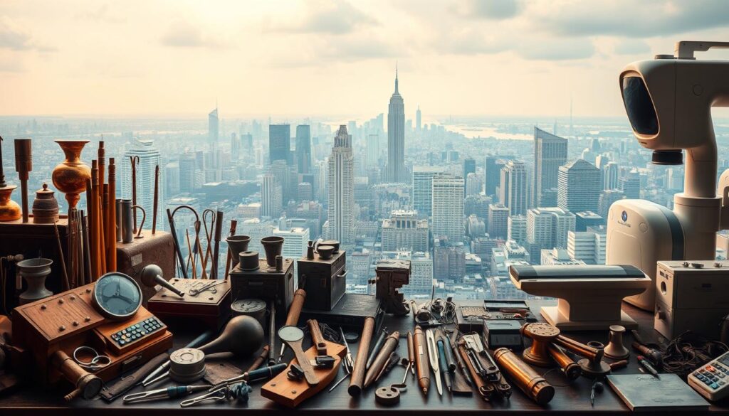 A historical evolution of diagnostic engineering depicted as a captivating collage. In the foreground, a collection of vintage diagnostic instruments and tools symbolize the foundations of the field. The middle ground showcases a timeline of technological advancements, from early x-ray machines to modern MRI scanners. In the background, a sprawling cityscape with towering medical facilities represents the widespread integration of diagnostic engineering in modern healthcare. The scene is illuminated by a soft, warm light, evoking a sense of progress and innovation. The overall composition conveys the rich history and continuous evolution of this vital discipline.