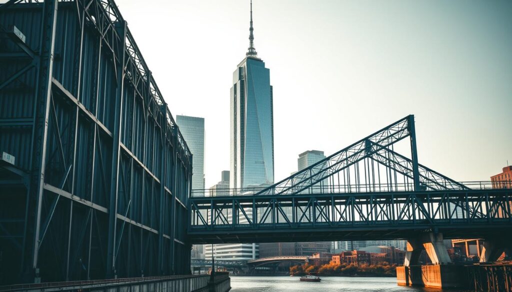 A large industrial steel-framed building stands majestically in the foreground, its sleek metallic beams and trusses creating a striking architectural composition. In the middle ground, a modern bridge spanning a river showcases the practical application of metal structures, its graceful arches and cables supporting the roadway. In the background, a towering skyscraper rises, its steel skeleton a testament to the versatility and strength of these engineered materials. The scene is bathed in warm, diffused lighting, highlighting the interplay of light and shadow on the metallic surfaces. The overall mood conveys the power and precision of practical metal structures in various built environments.